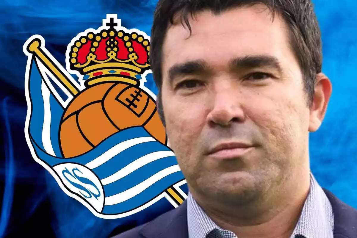 Deco con el escudo de la Real Sociedad detrás sobre un fondo de color azul con humo Deco con el escudo de la Real Sociedad detrás sobre un fondo de color azul con humo