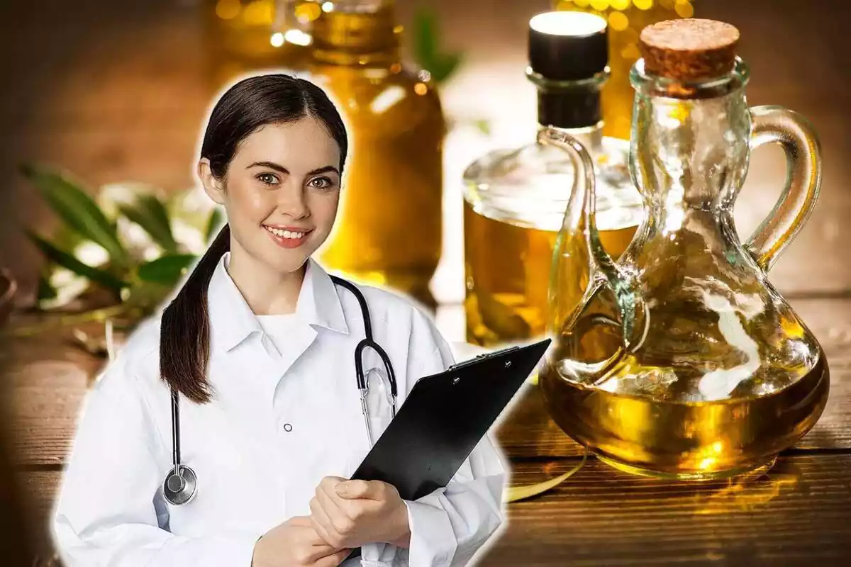 Doctora con una imagen de fondo de una aceitera repleta de aceite de oliva