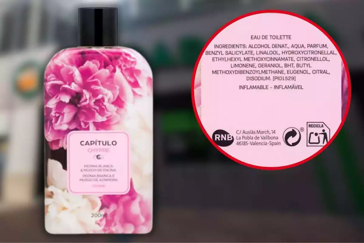 Montaje con una imagen de fondo de un perfume de Mercadona, Cpítulo Chypre, con el detalle de sus ingredientes
