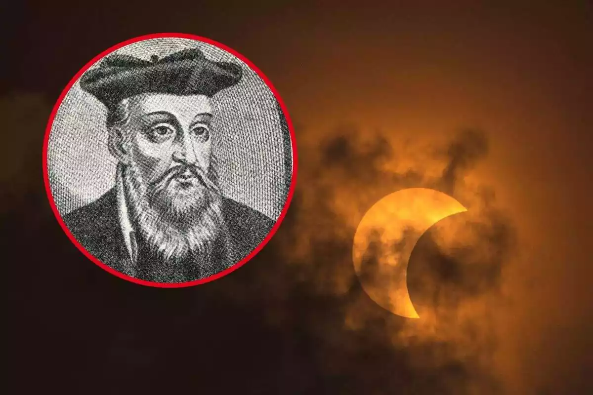 Montaje con una imagen de un eclipse y un círculo con la cara de Nostradamus