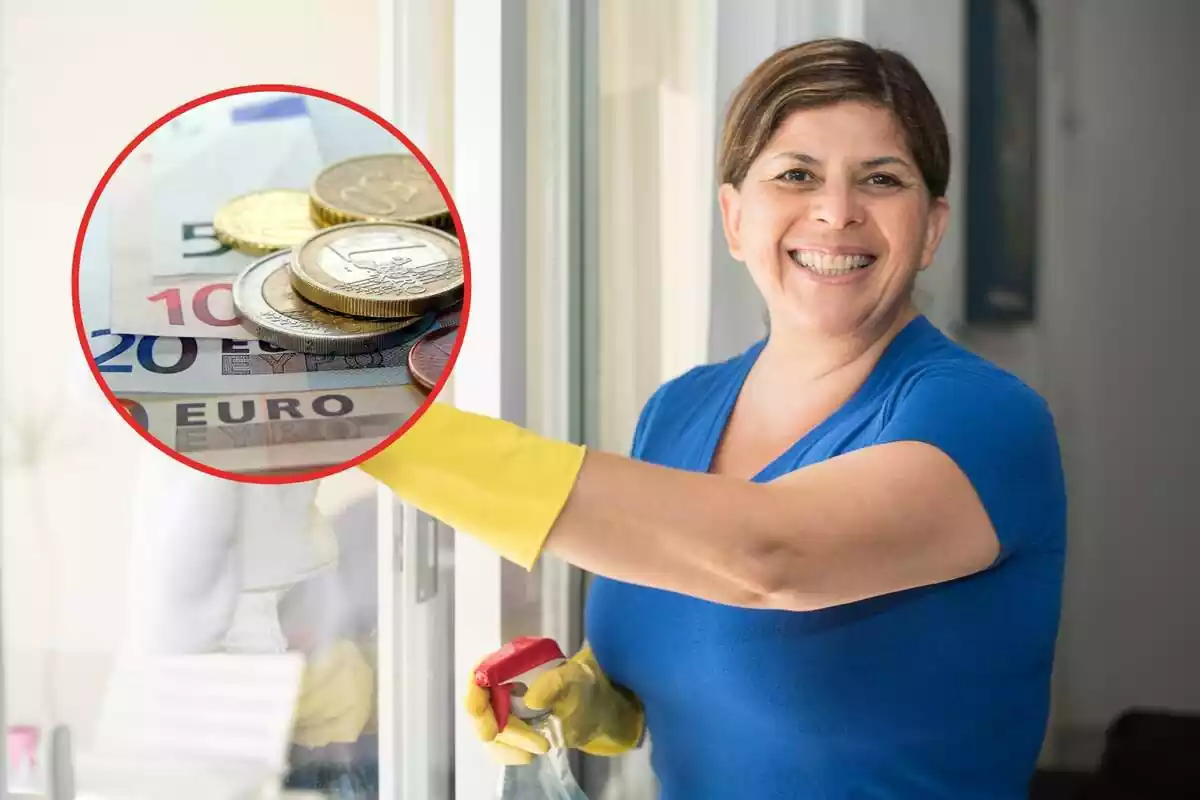 Montaje con una empleada del hogar y un círculo con monedas y billetes de euro