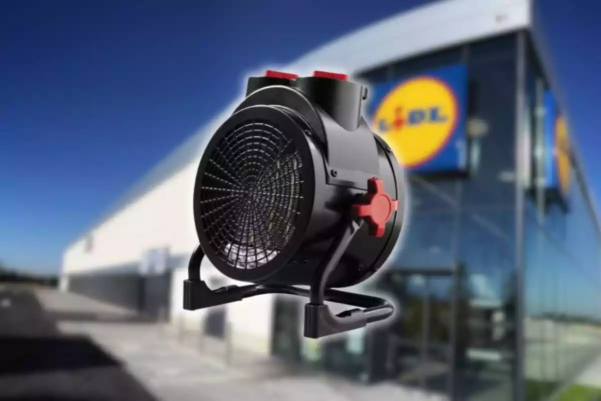 Fotomontaje con una imagen de fondo de un supermercado Lidl y al frente el ventilador de aire que vende Lidl