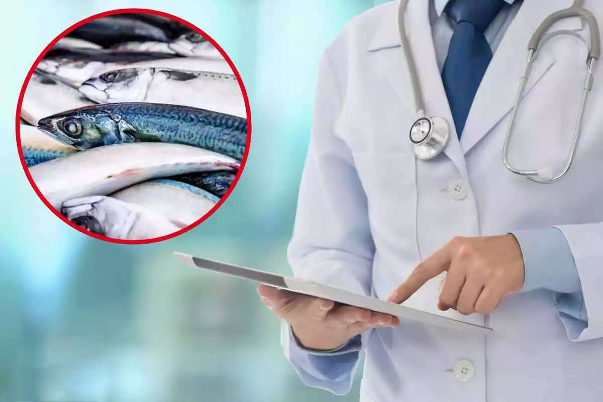Fotomontaje con una imagen de fondo de un médico señalando un informe y una redonda roja al frente con varios pescados en primer plano