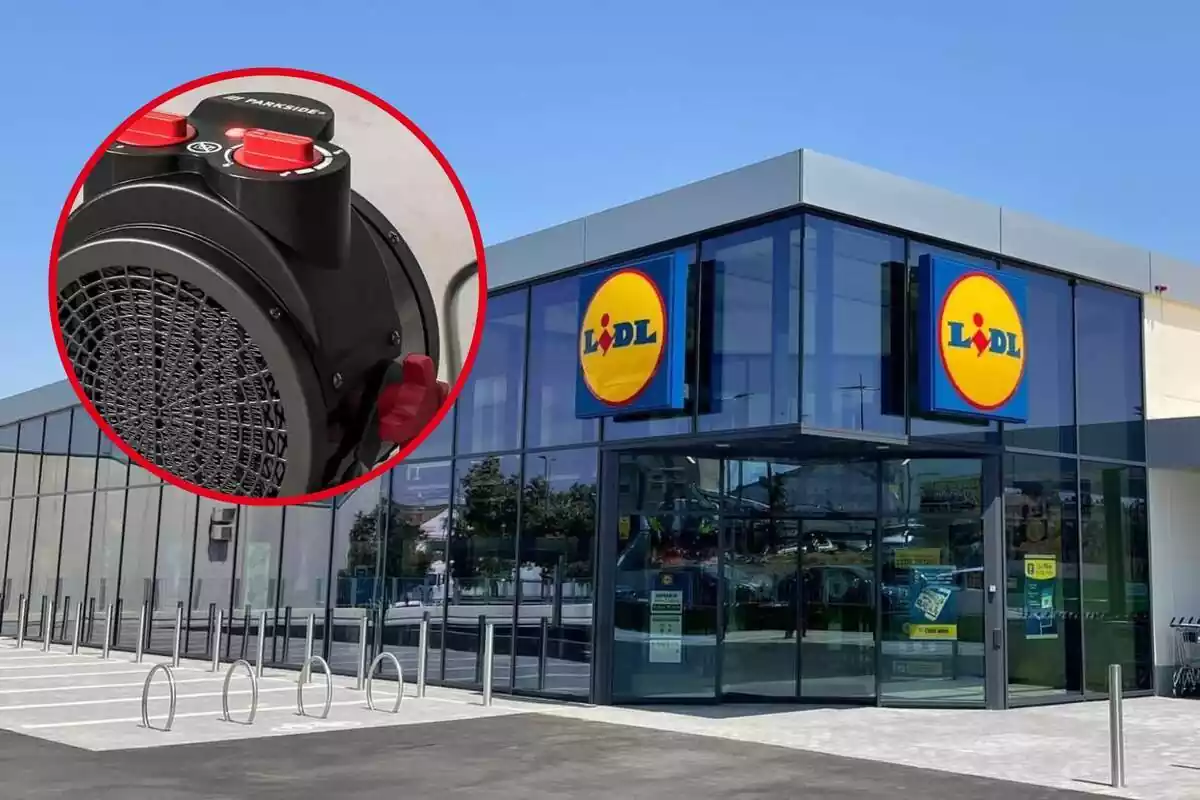 Fotomontaje de una imagen del exterior de un supermercado Lidl de fondo y al frente una redonda roja con el radiador de aire de Lidl