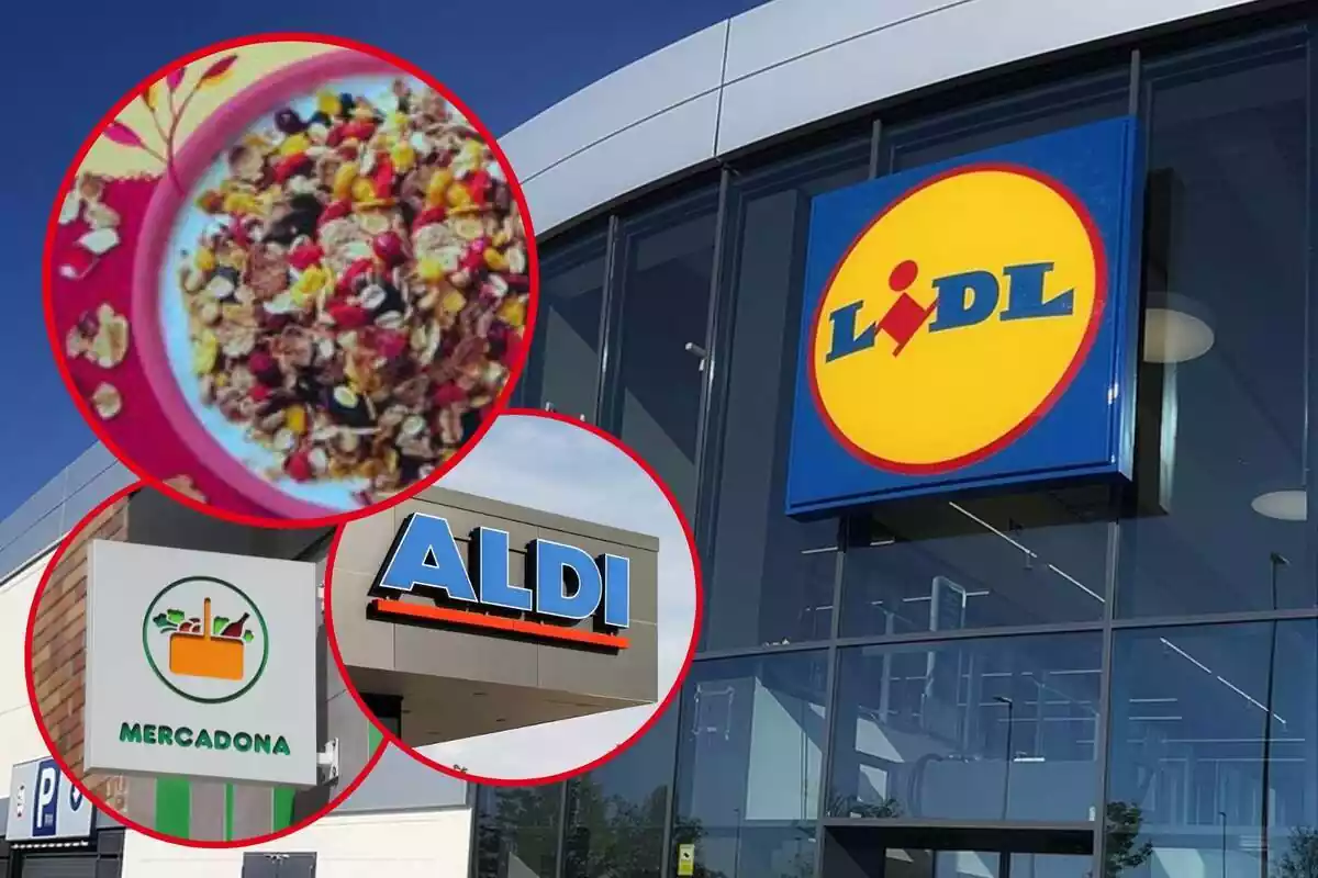 Fotomontaje con una imagen de fondo del exterior de un supermercado Lidl y al frente una redonda roja con los cereales saludables de Lidl, y dos más con los logos de Mercadona y Aldi
