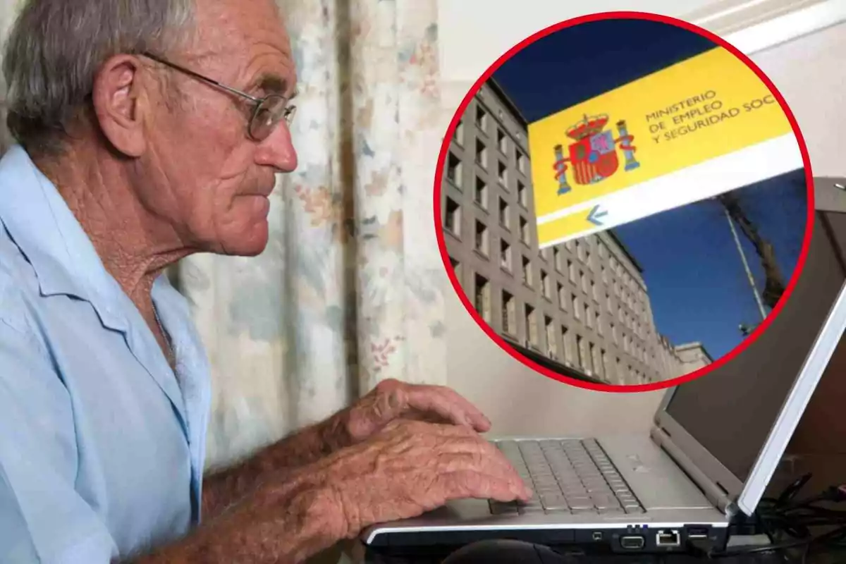 Un hombre mayor usando una computadora portátil con una imagen del Ministerio de Empleo y Seguridad Social de España en un recuadro.