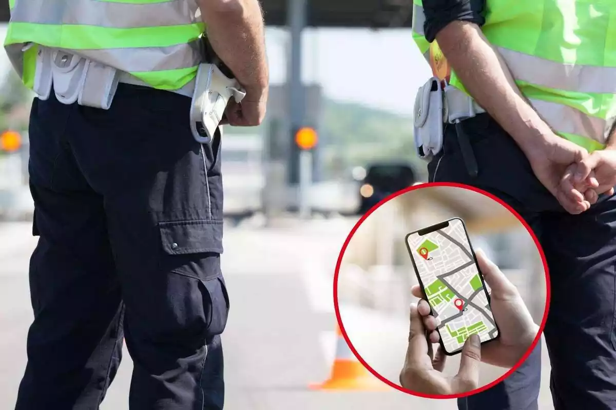 Montaje con control policial y persona usando el gps del móvil