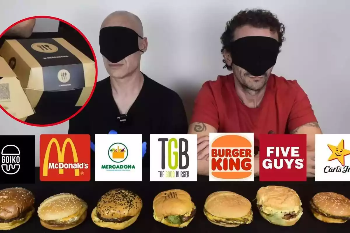 Imagen de dos youtubers probando hambuguesas, con 7 hamburguesas en una mesa, y una imagen de la Angus de Mercadona en su caja