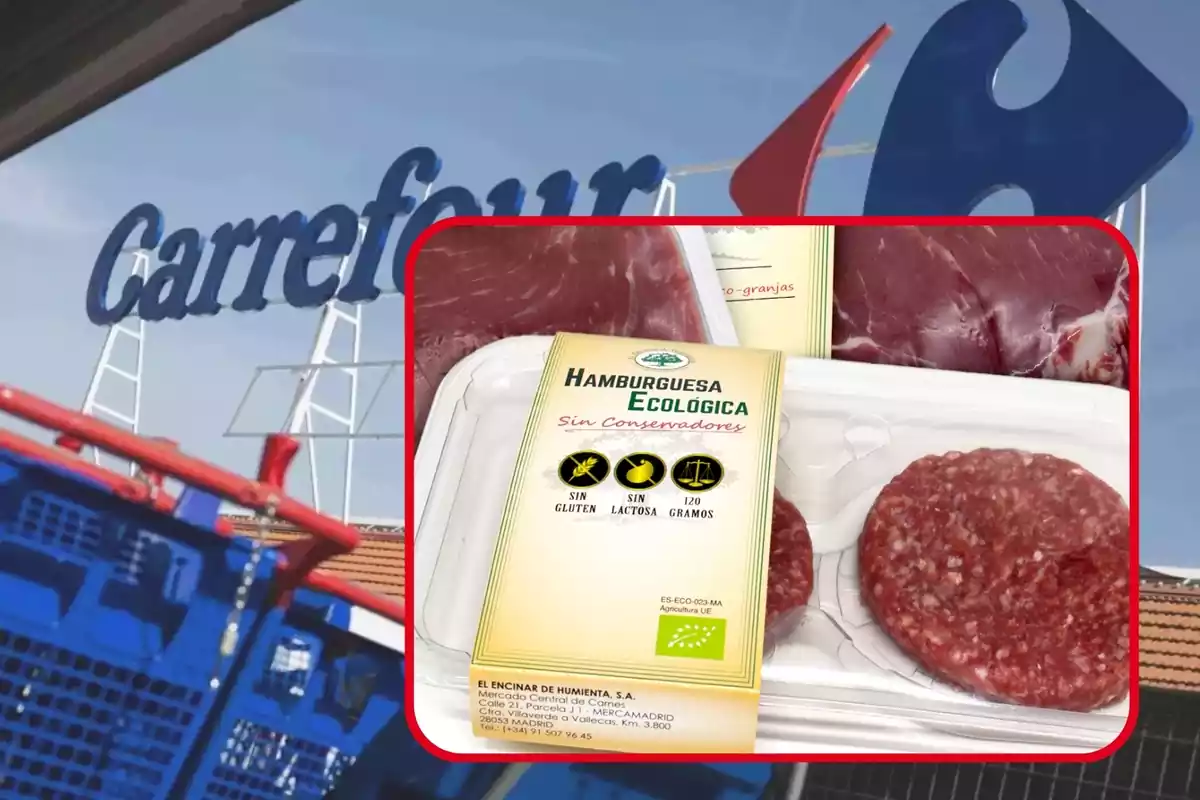 Blíster de Hamburguesa ecológica de El Encinar de Humienta en cuadrado rojo sobre fondo de Carrefour