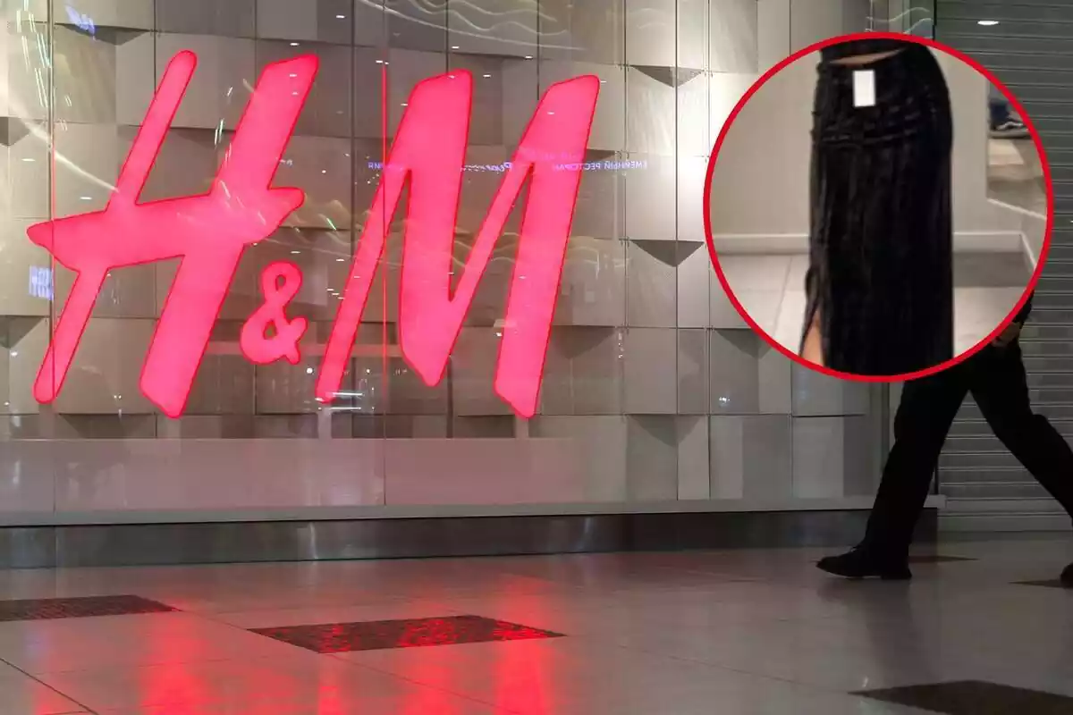 Tienda H&M y primer plano de la falda de terciopelo