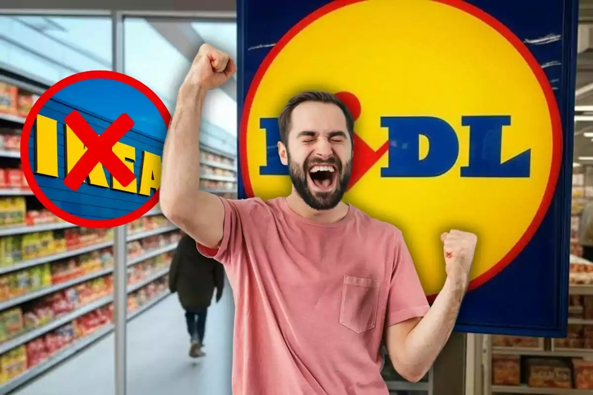 A man with a joyful expression raises his fist in front of a supermarket sign, while a prohibition symbol covers the logo of another store.