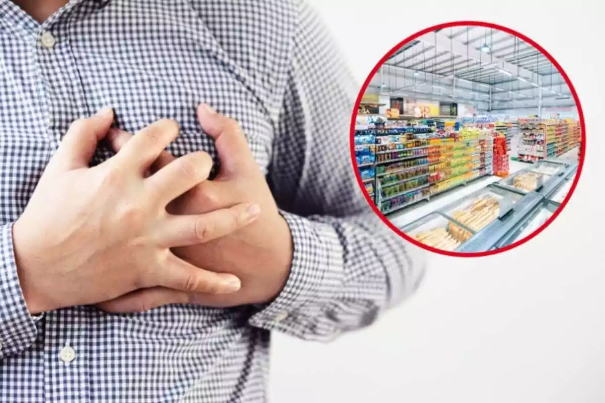 Montaje con hombre con dolor en el pecho y círculo rojo con estantería de bebidas de un supermercado