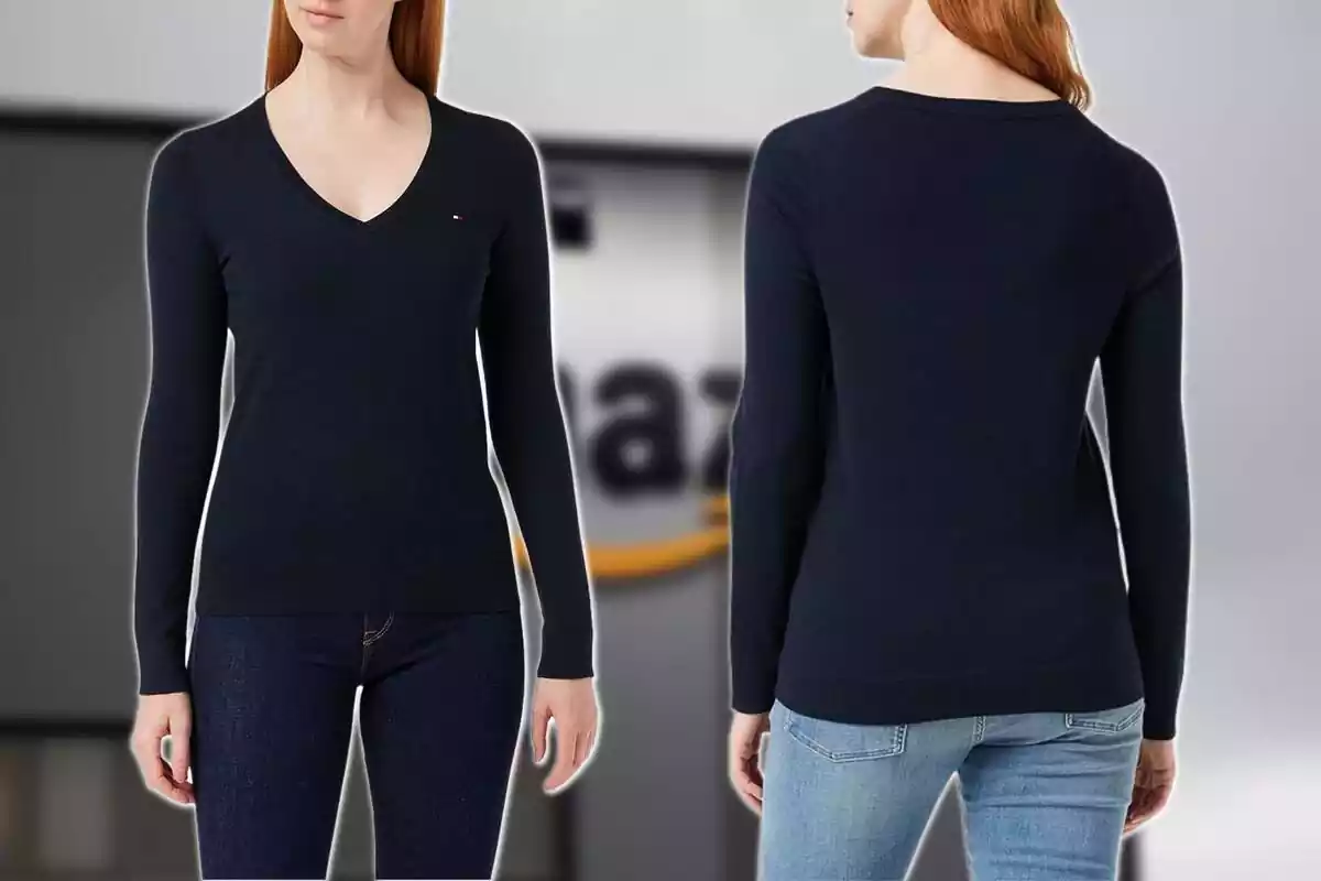 Modelo con jersey de Tommy Hilfiger vendido en Amazon