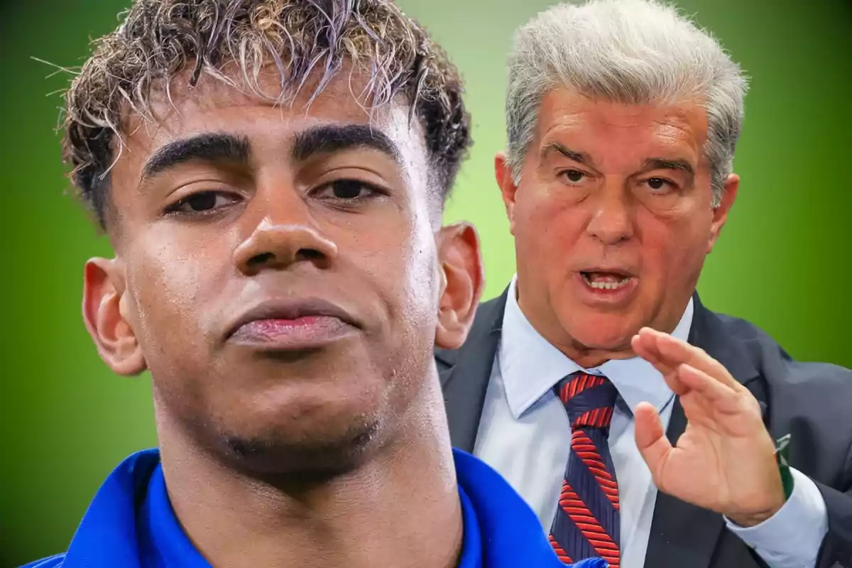 Dos hombres en primer plano, uno joven con cabello rizado y otro mayor con cabello canoso, sobre un fondo verde.