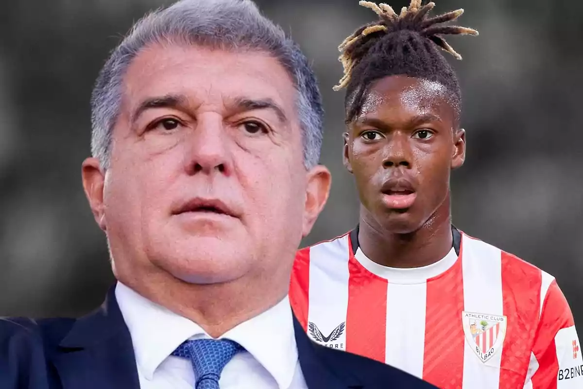 Dos hombres, uno con traje y corbata y otro con uniforme de fútbol del Athletic Club de Bilbao, posan juntos en la imagen. Dos hombres, uno con traje y corbata y otro con uniforme de fútbol del Athletic Club de Bilbao, posan juntos en la imagen.