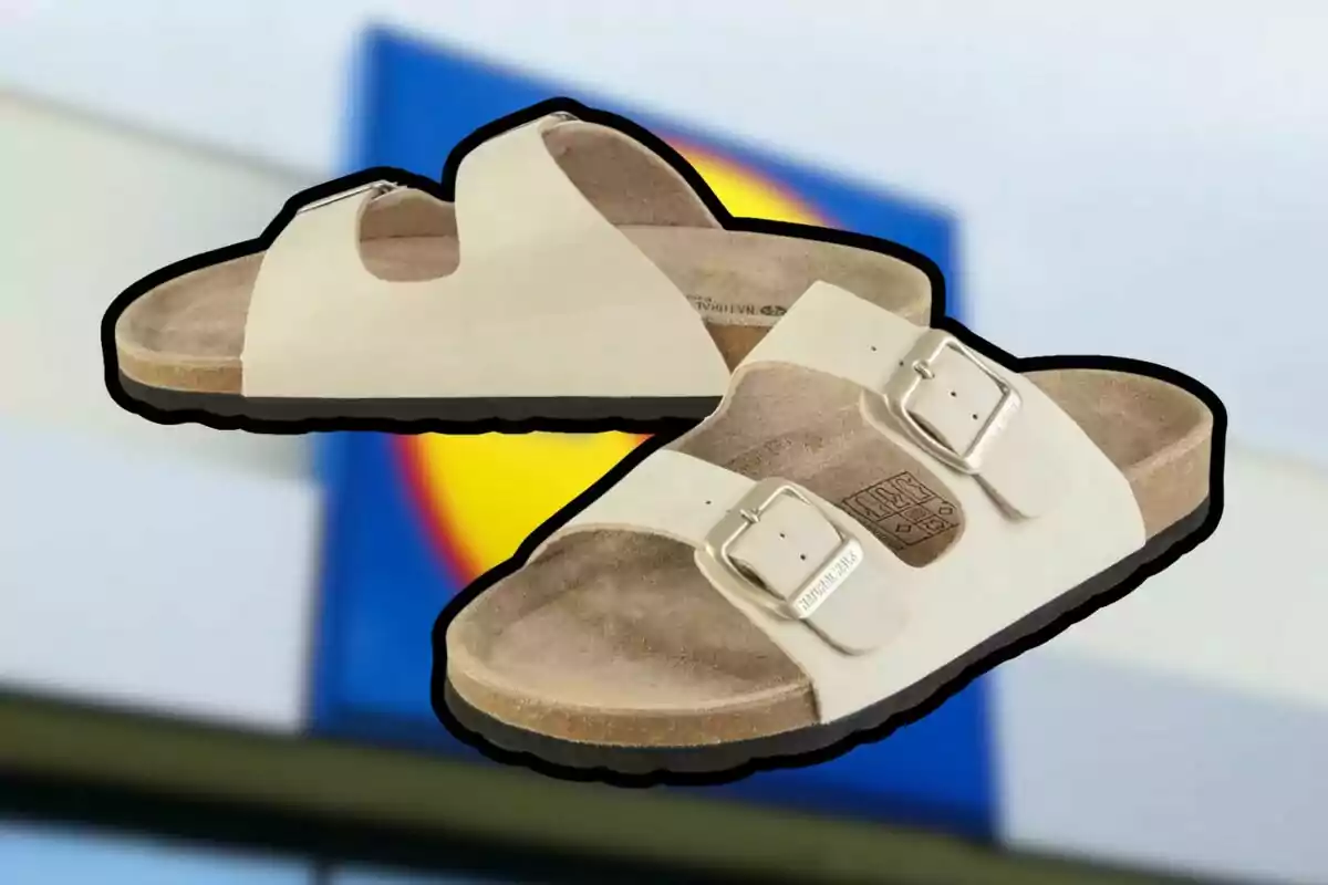 Un par de sandalias beige con dos hebillas plateadas sobre un fondo desenfocado con colores azul, amarillo y rojo.