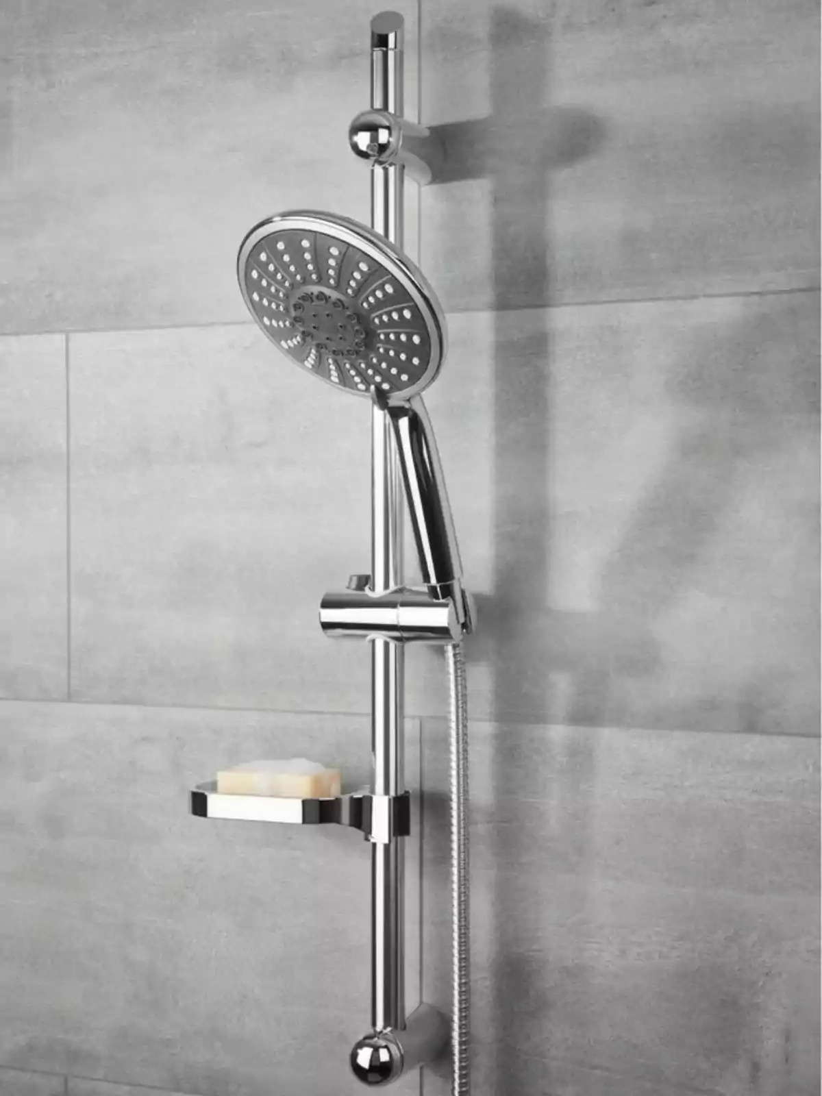 Modern stainless steel shower with adjustable bar and soap dish on a gray tiled wall Modern stainless steel shower with adjustable bar and soap dish on a gray tiled wall