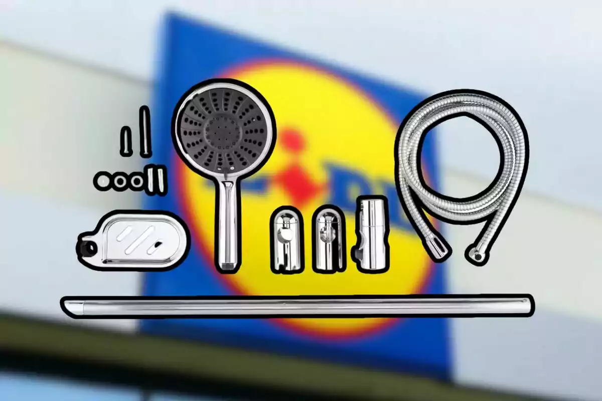Metal shower kit with accessories and hose on a blurred background with a store logo. Metal shower kit with accessories and hose on a blurred background with a store logo.