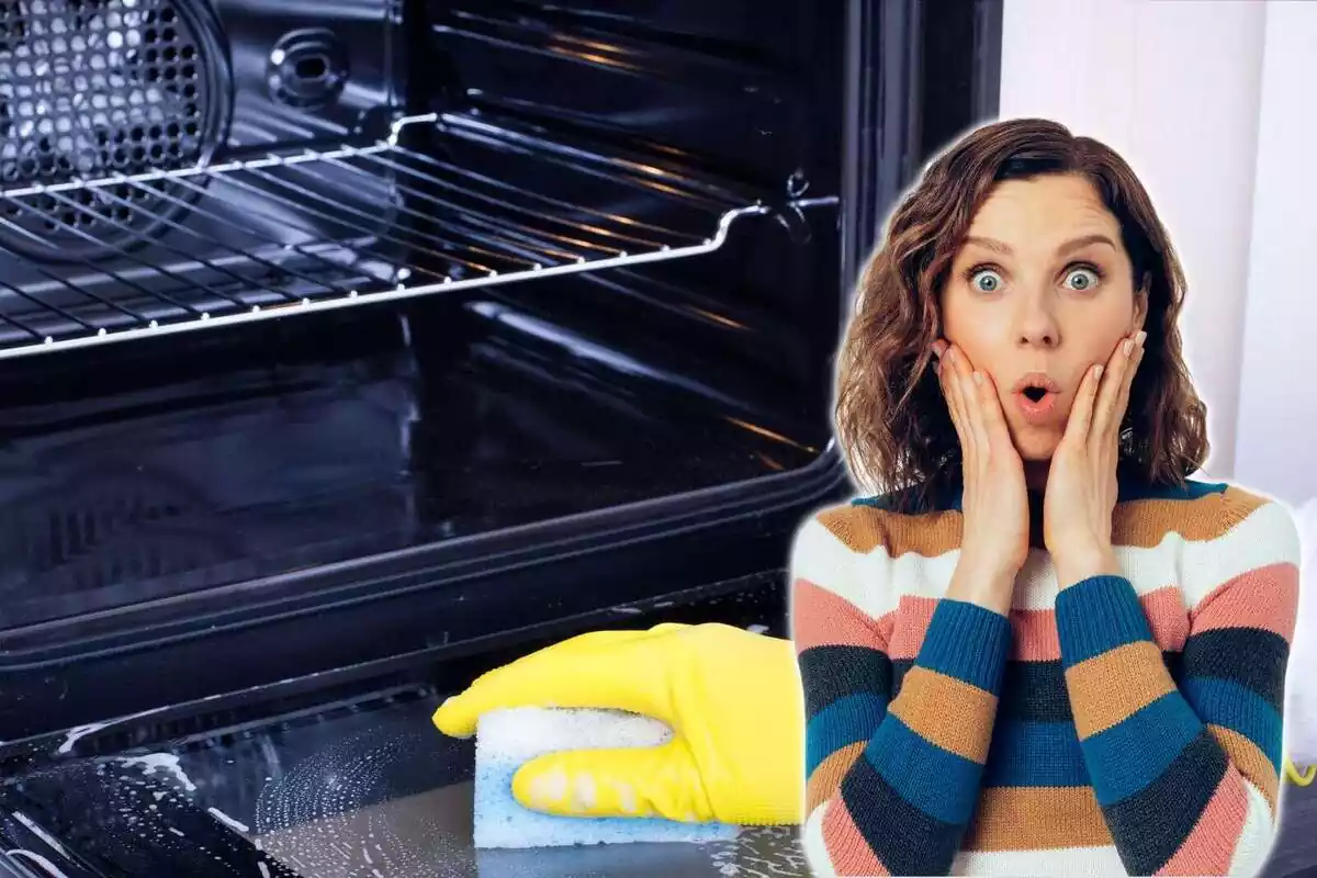 Chica sorprendida y persona limpiando un horno