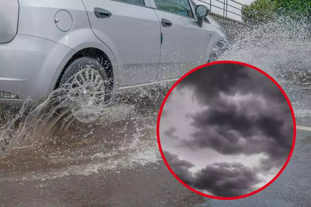 Imagen de fondo de un coche pasando por un charco de agua y otra imagen de un cielo con nubes negras
