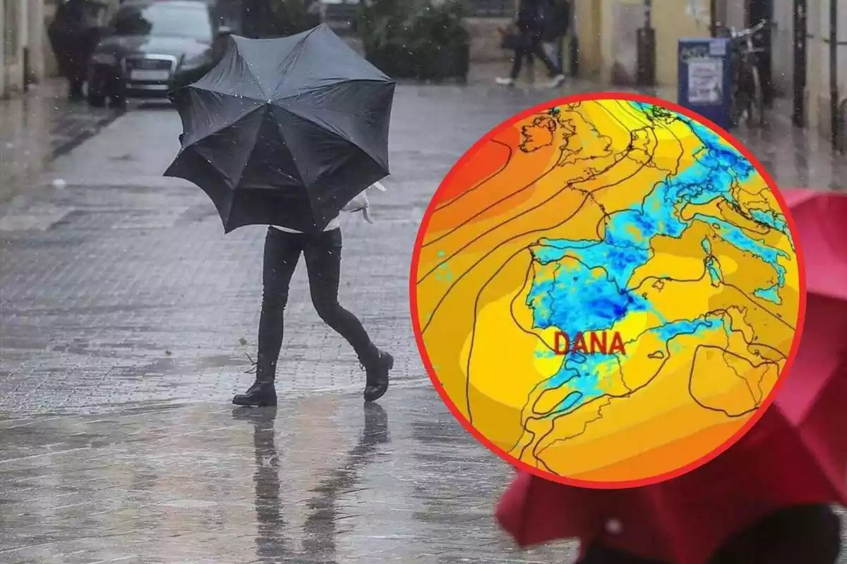 Montaje con una imagen de un día muy lluvioso y un mapa con la DANA que las provoca