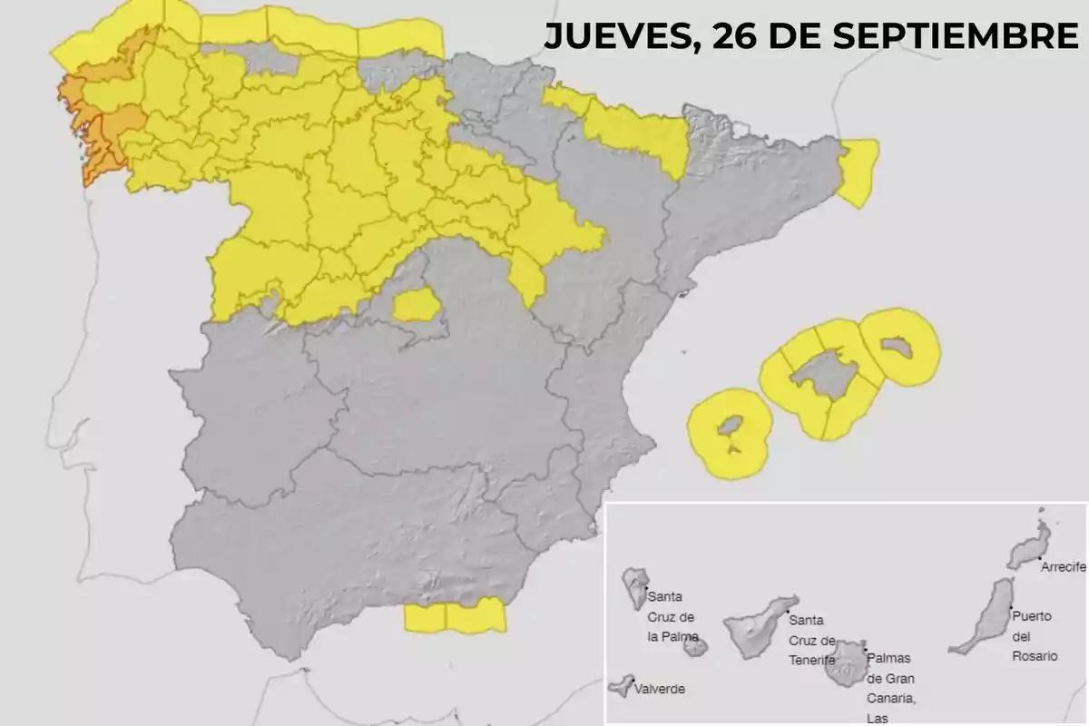 Mapa de España con alertas meteorológicas para el jueves 26 de septiembre, destacando en amarillo y naranja las zonas afectadas.