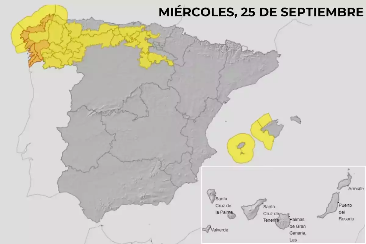 Mapa de España con zonas en alerta meteorológica para el miércoles 25 de septiembre, destacando en amarillo y naranja áreas del norte y noroeste de la península, así como algunas islas del archipiélago balear y canario.