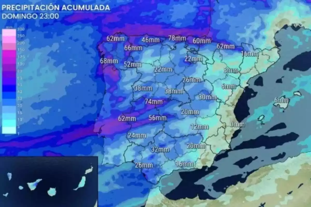Mapa de España con la lluvia acumulada el domingo