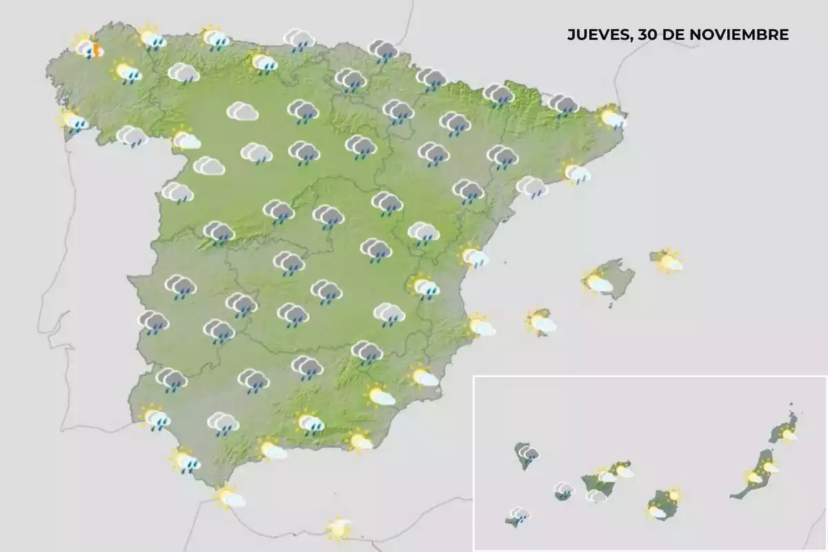Mapa de España con la previsión del tiempo para el jueves 30 de noviembre