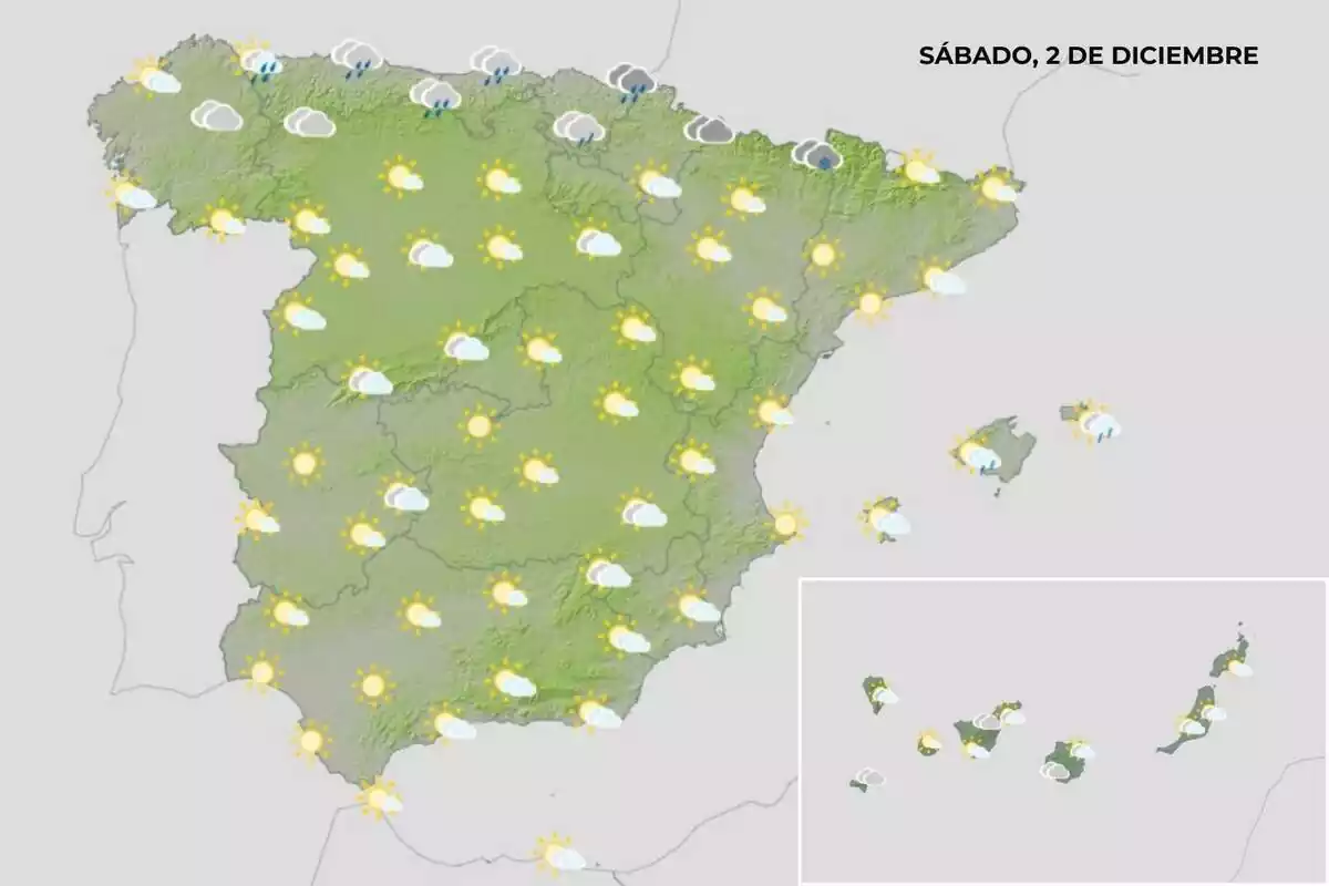 Mapa de España con la previsión del tiempo para el sábado 2 de diciembre