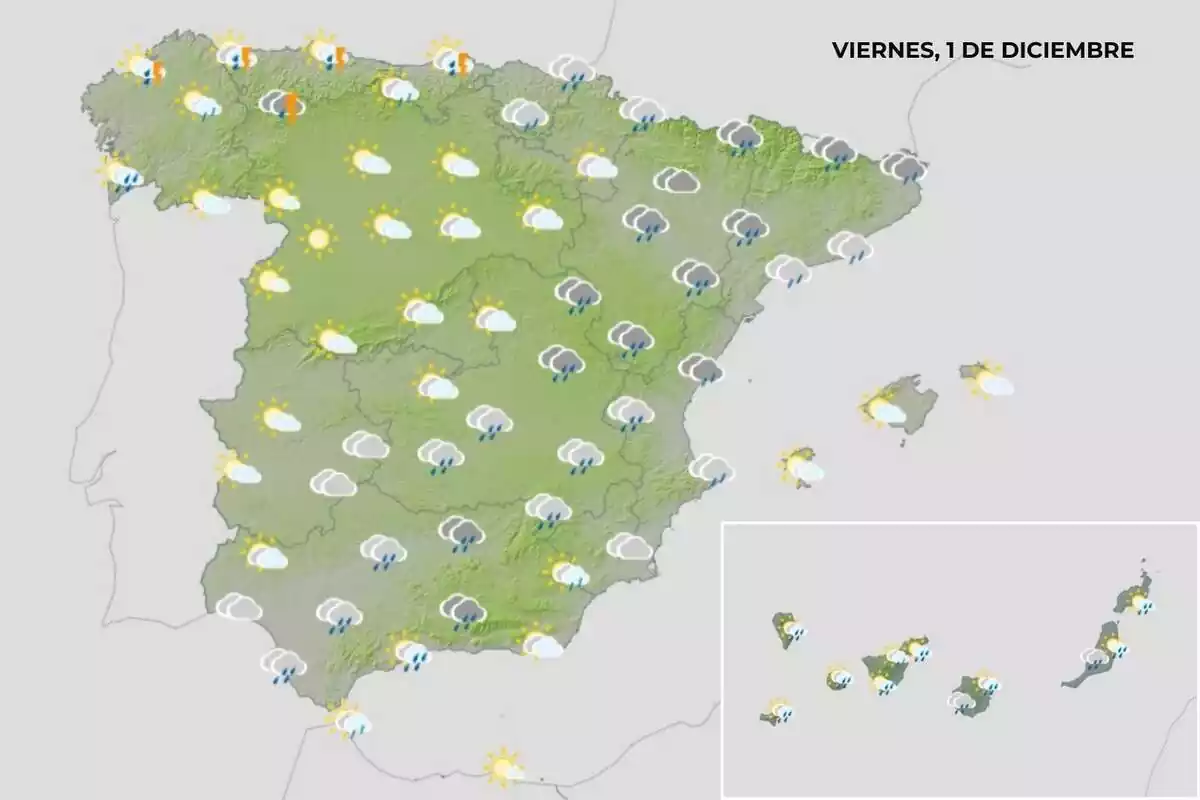 Mapa de España con la previsión del tiempo para el viernes 1 de diciembre