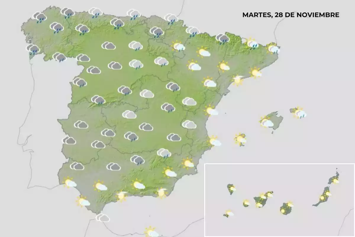 Mapa de España con la previsión del martes 28 de noviembre