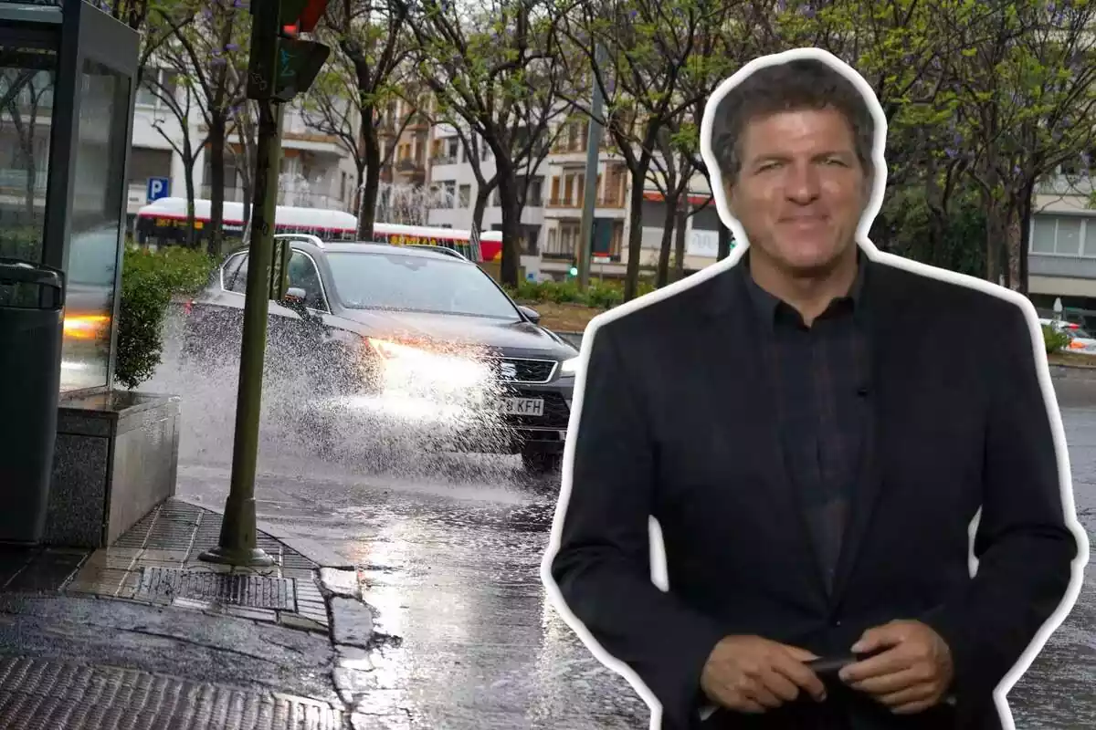 Montaje con Mario Picazo en primer plano y un coche atravesando un charco de agua de lluvia