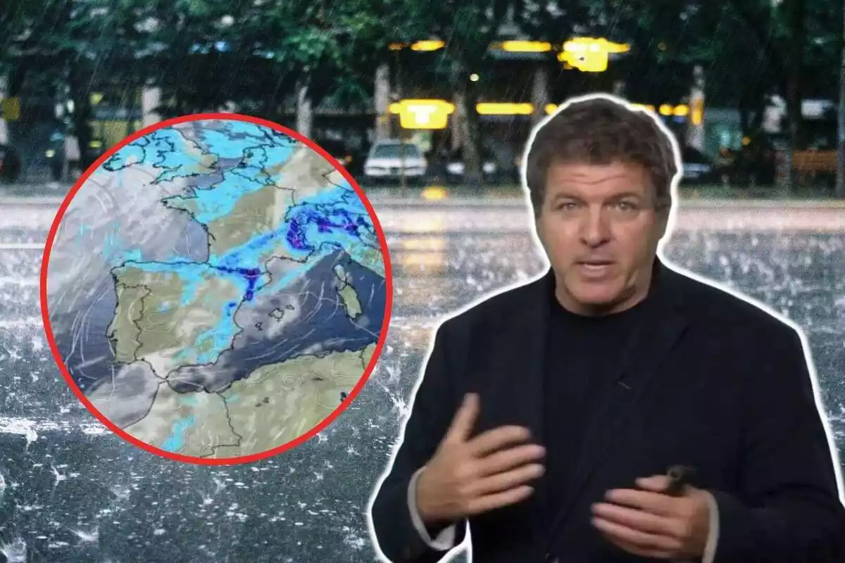Montaje de un fondo con una carretera en plena lluvia, una imagen de Mario Picazo hablando y una redonda con un mapa meteorológico