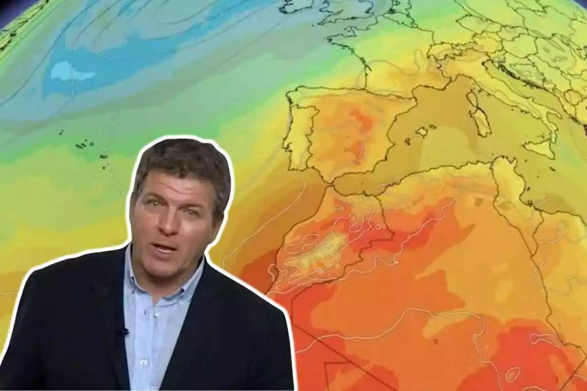 Imagen de fondo de un mapa meteorológico de España del 17 de agosto de 2023 y la imagen en primer plano de Mario Picazo