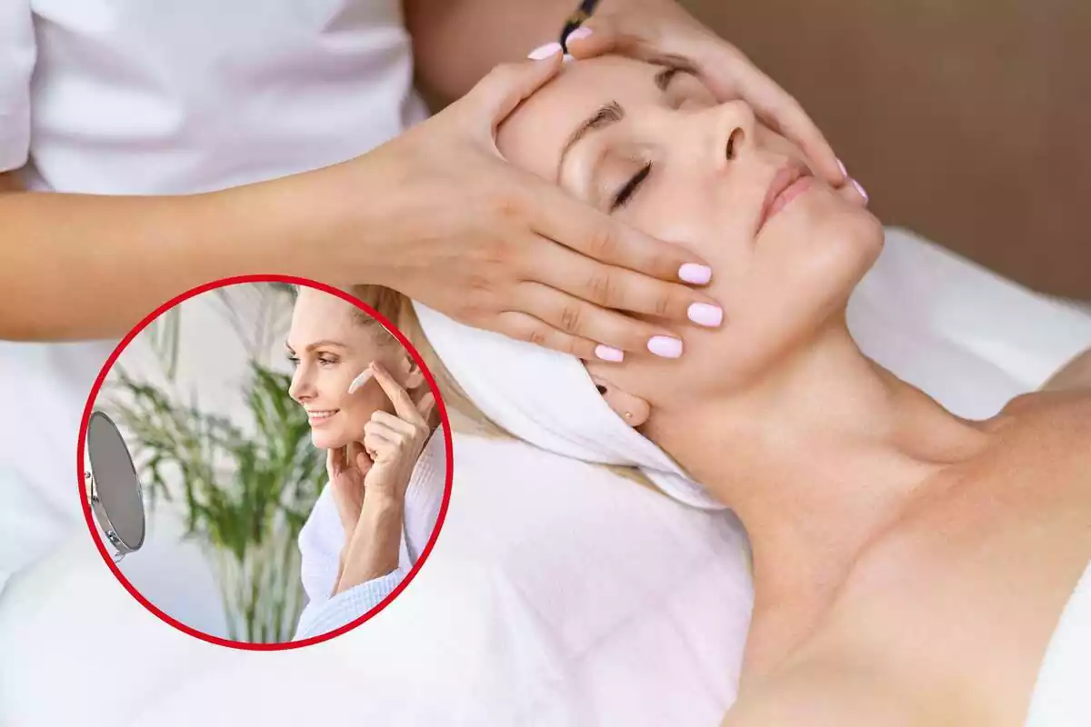 Montaje de un masaje facial a una mujer y una redonda con una mujer poniéndose crema en la cara mientras se mira en el espejo