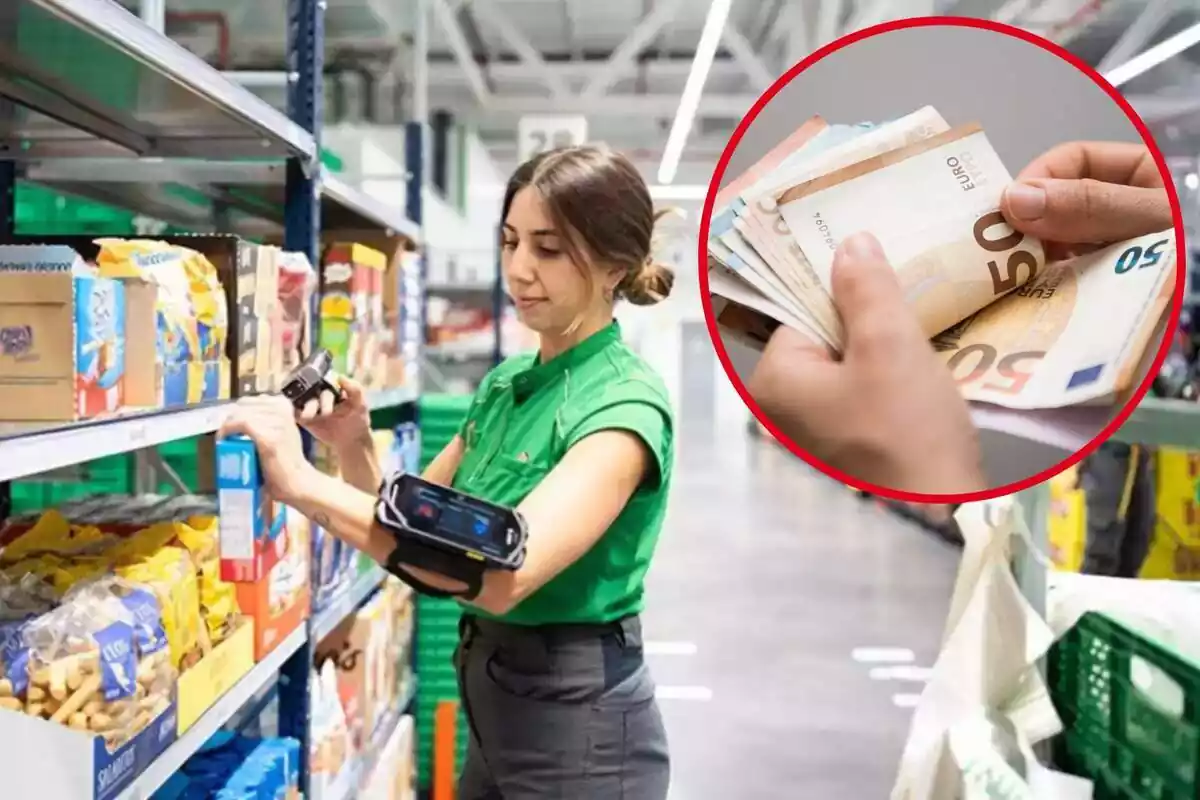 Imagen de fondo de una trabajadora de Mercadona en un almacén junto a otra imagen de unas manos con varios billetes de euros