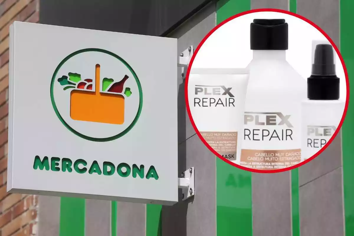 Imagen de fondo de un logo de un supermercado Mercadona y otra imagen de tres productos de la gama Plex Repair de la marca