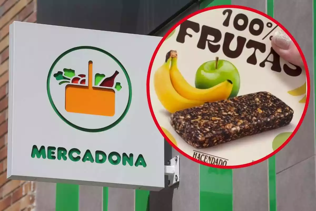 Imagen de fondo de un logo de una tienda Mercadona y otra de la caja de un producto Hacendado, un snack en barrita de frutas