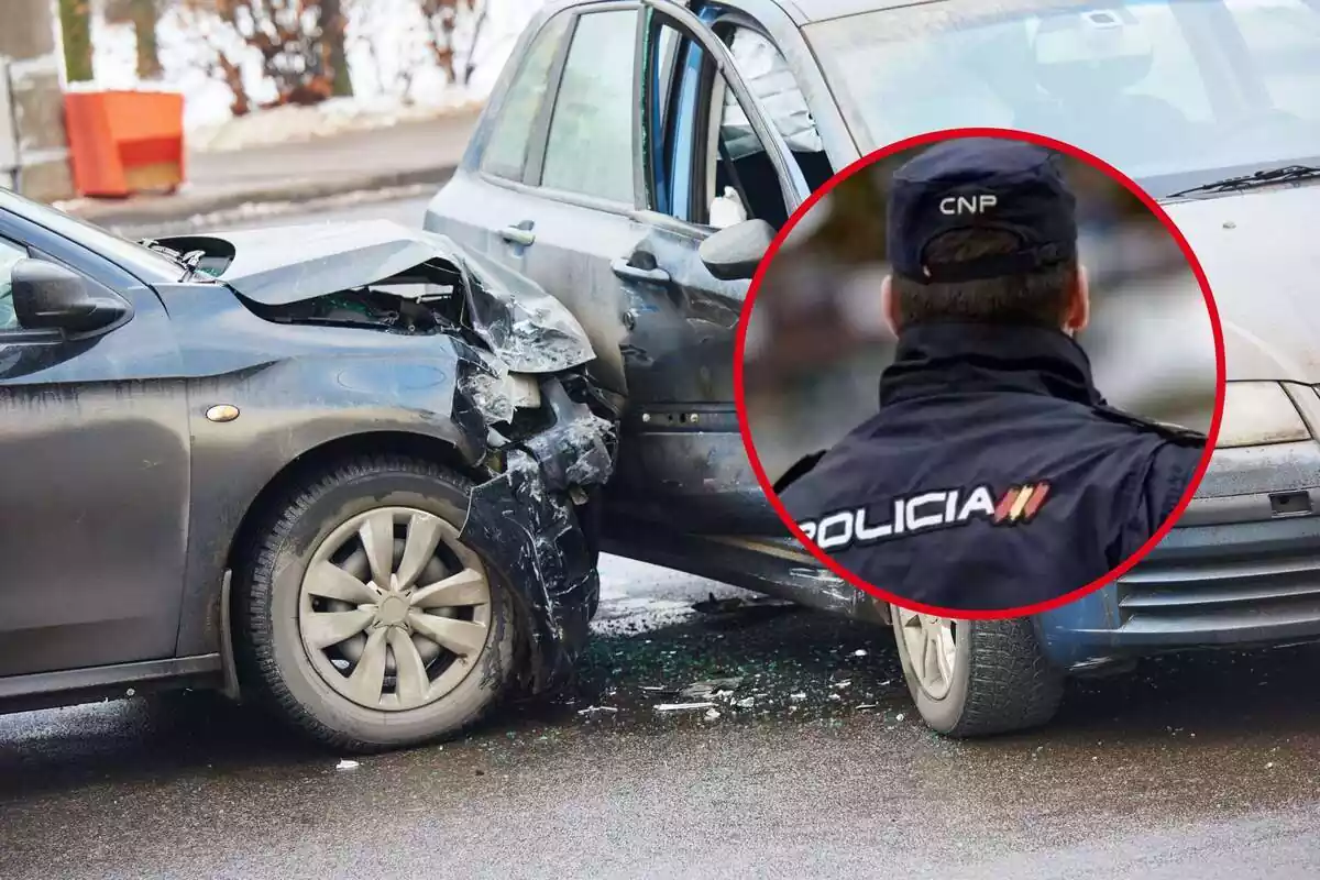Montaje de un accidente de coches y una redonda con un policía