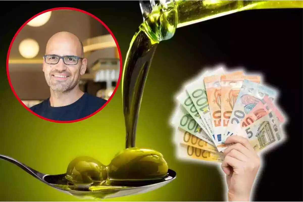 Montaje de Miguel Lurueña, billetes y aceite de oliva