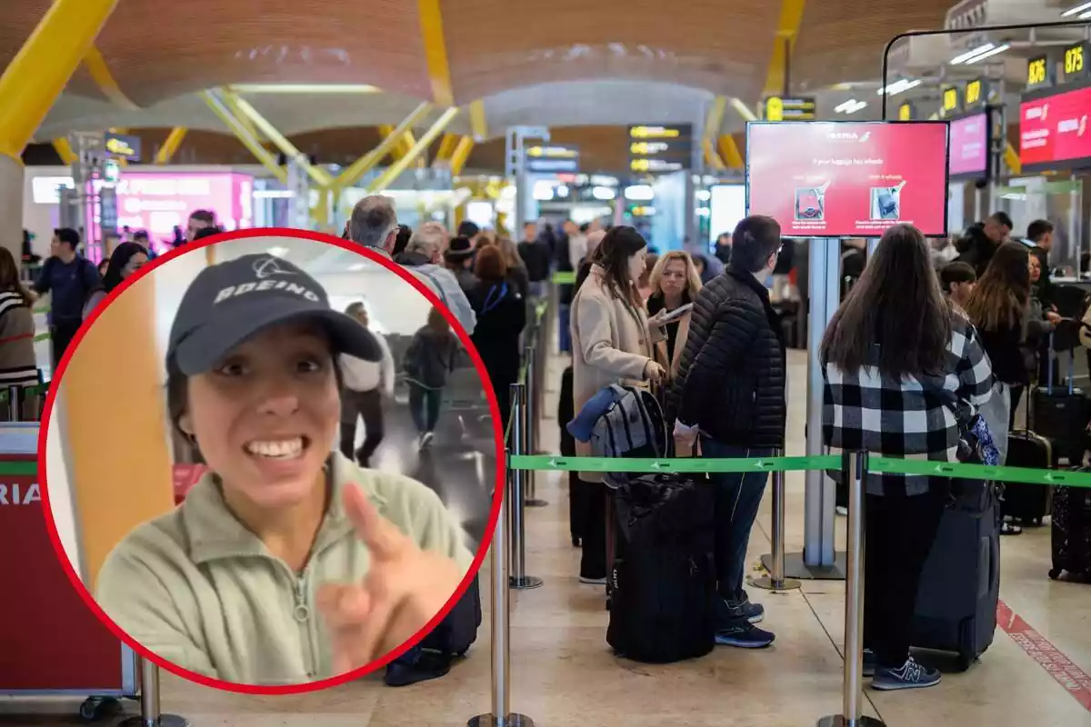 Montaje con varias personas con maletas haciendo cola en el aeropuerto y un círculo con la cara de la tiktoker Marta Travels