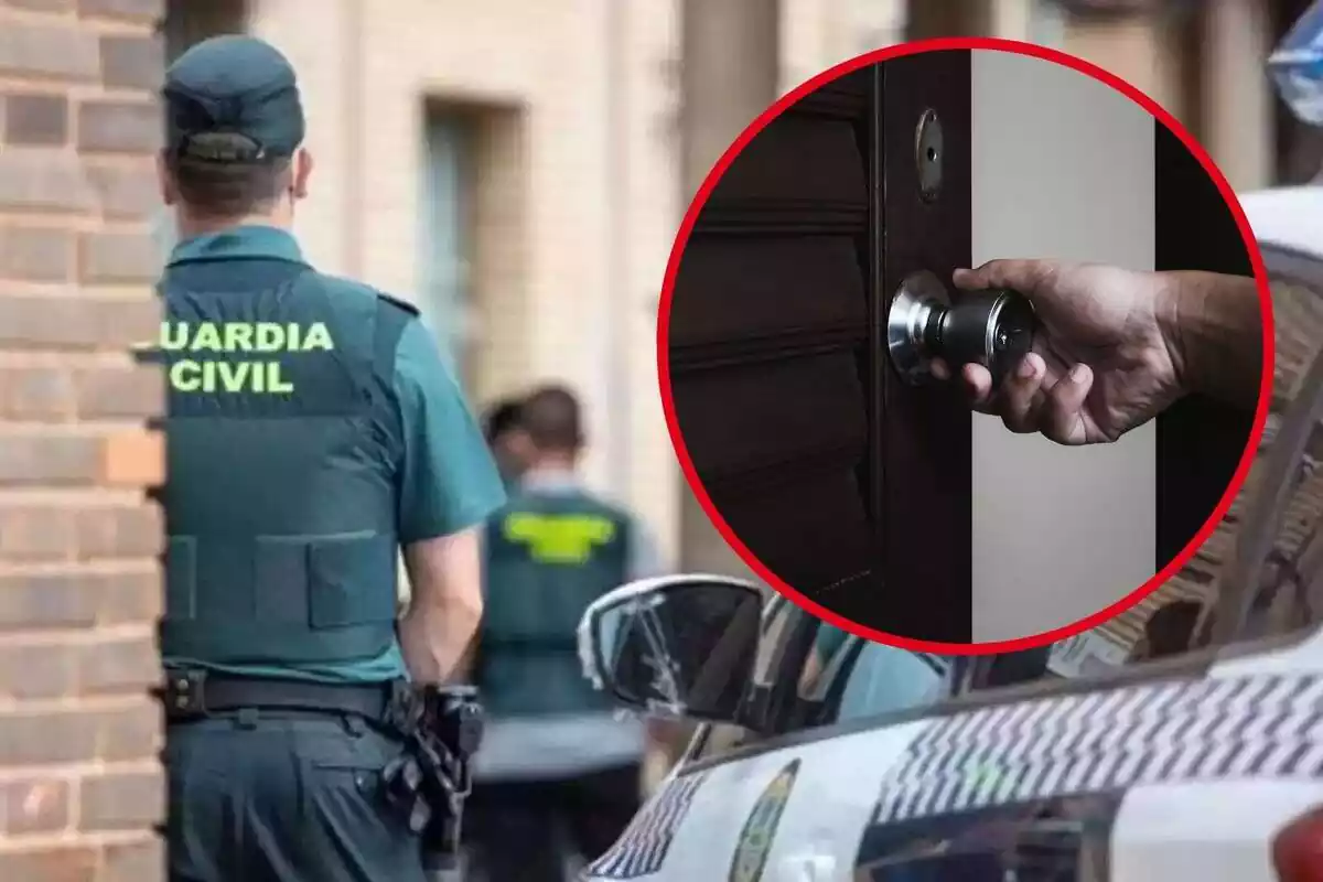 Montaje con un agente de la Guardia Civil junto a un coche y un círculo con la imagen de una mano abriendo una puerta