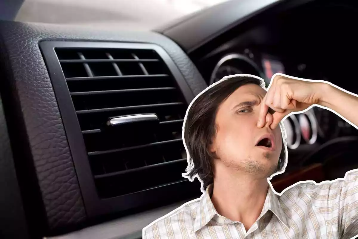 Montaje de un aire condicionado de un coche y un chico tapándose la nariz