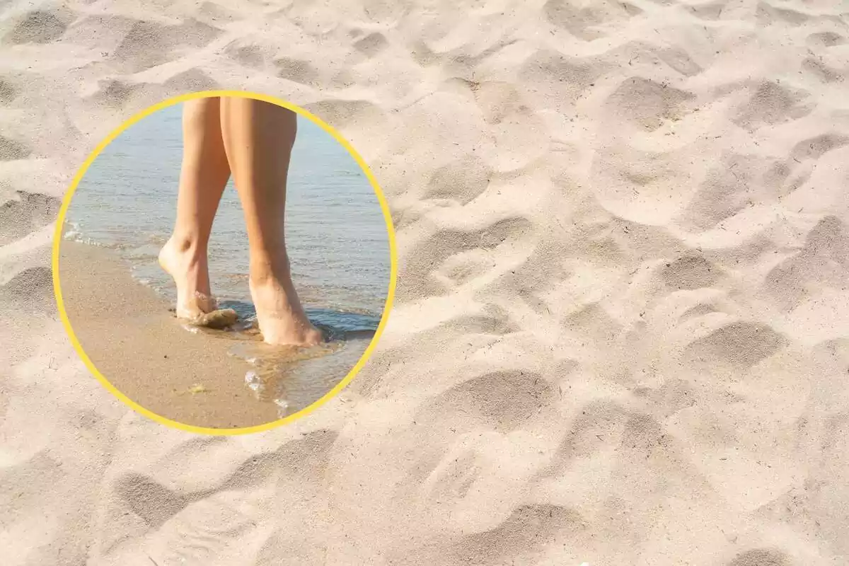 Montaje de arena de playa y redonda con pies descalzos por la orilla
