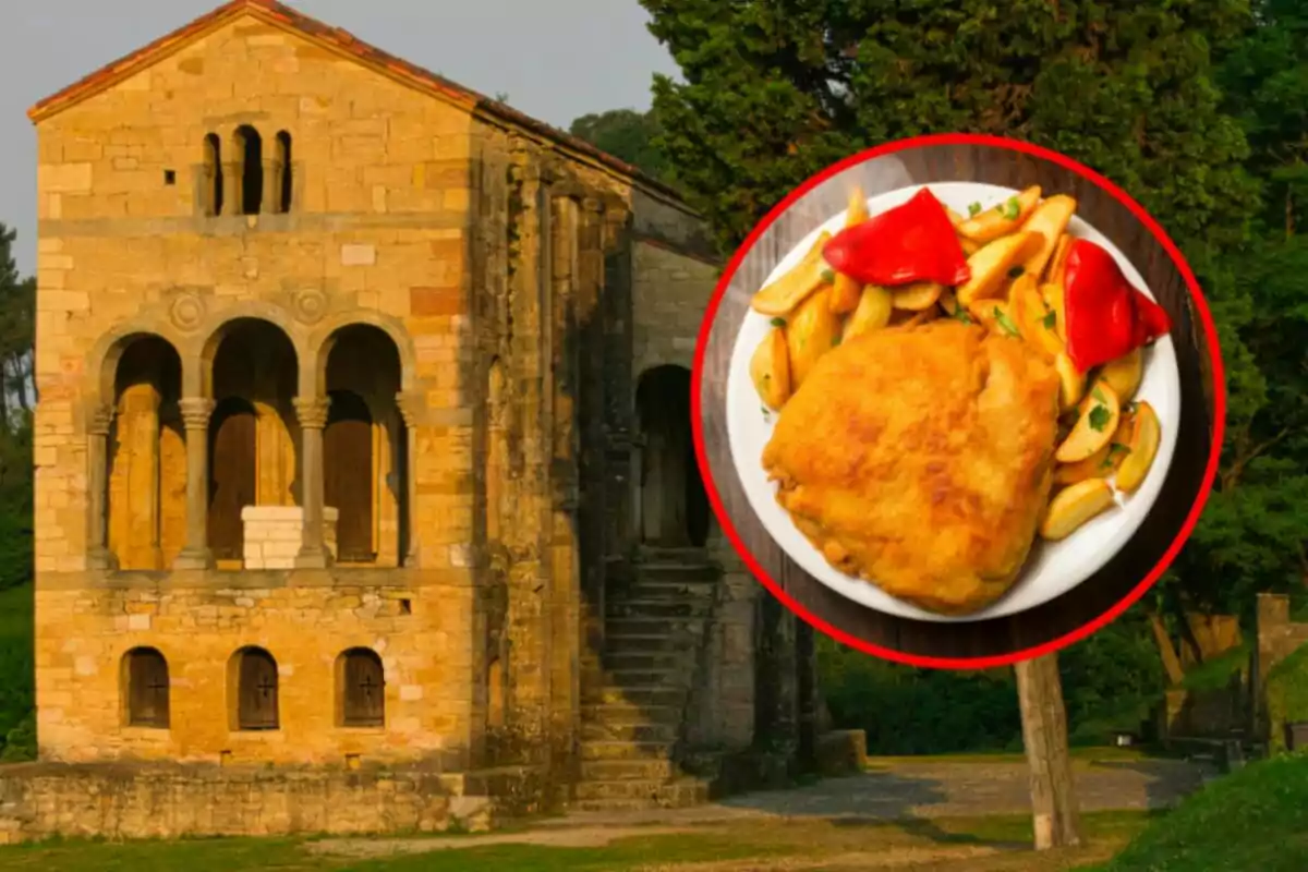 Una iglesia antigua de piedra con un plato de comida tradicional que incluye papas fritas y pimientos rojos en un círculo superpuesto.