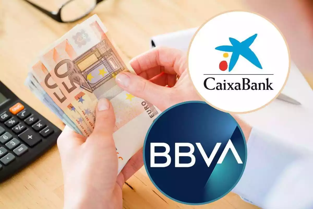 Montaje de un banquero contando dinero junto a la imagen de CaixaBank y BBVA