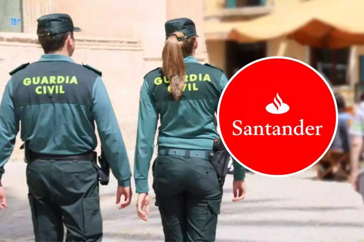 Montaje con dos agentes de la Guardia Civil y un logo del banco Santander