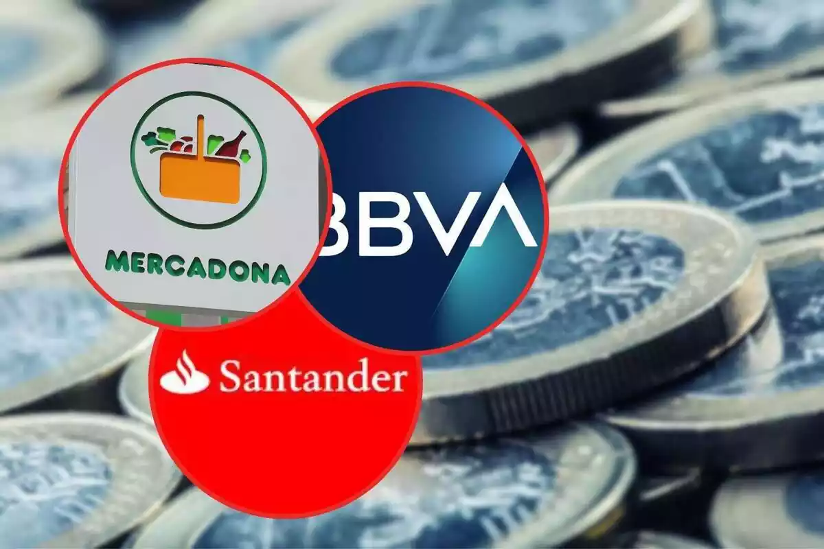 Montaje con una imagen de monedas de fondo y tres círculos con los logos de Mercadona, BBVA y Banco Santander