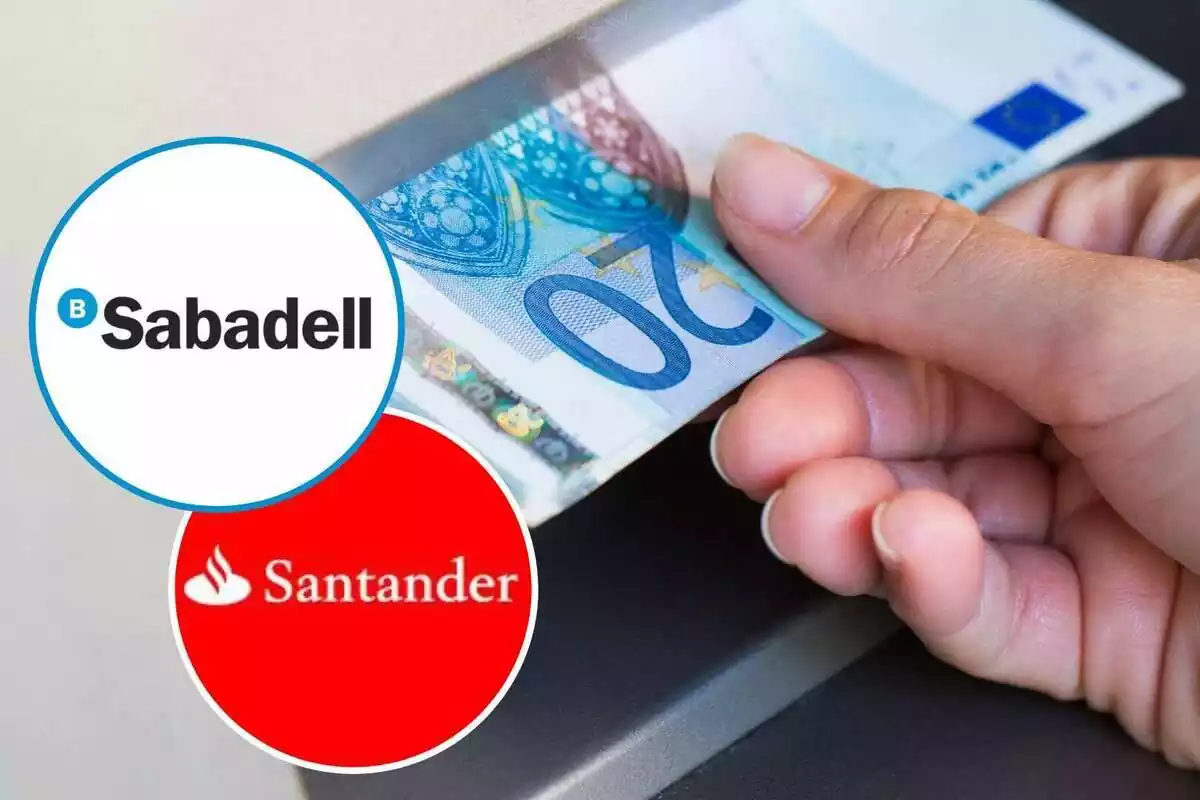 Montaje con una imagen de una persona sacando un billete de un cajero y dos círculos con los logos de Banco Sabadell y Banco Santander